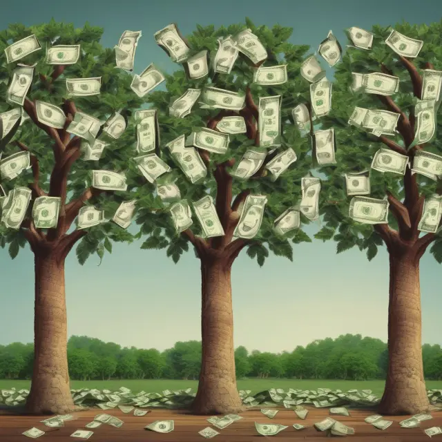Near money investments represented by mature and young money trees with varying fruit colors signifying different investment maturities