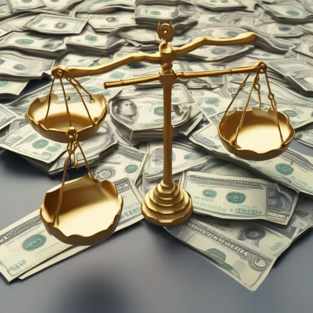 Golden scale weighing near money assets versus liabilities, indicating financial stability in corporate liquidity analysis