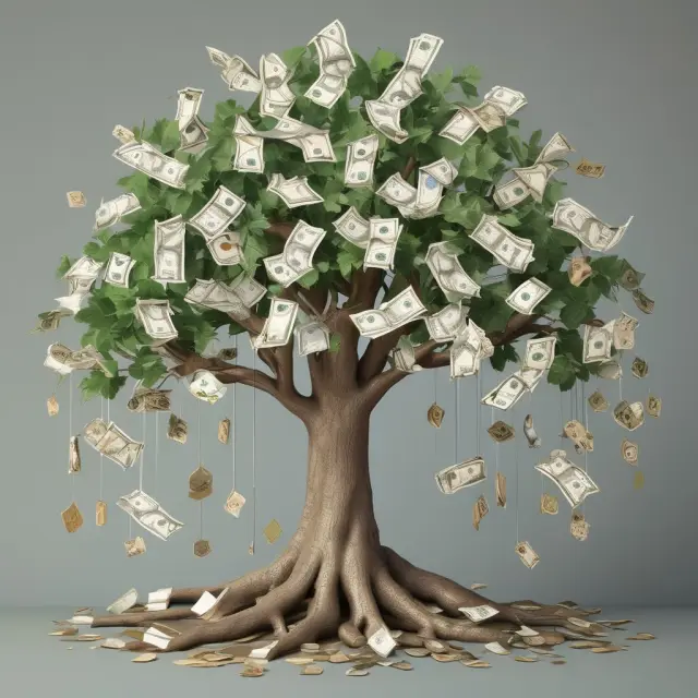 Vibrant money tree with branches bearing savings accounts, CDs, money market funds, and Treasury bills