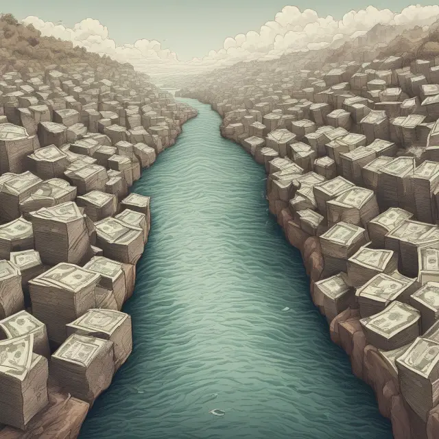 A river of liquid assets, representing near money, flowing towards a stable financial shore with various boats symbolizing individuals and businesses
