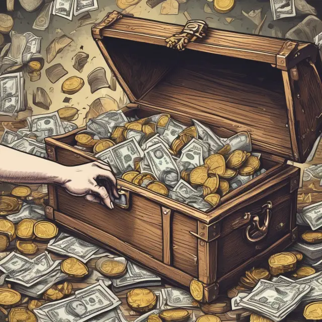 Hand revealing gold coins and near money assets, including bills and checks, from a treasure chest.