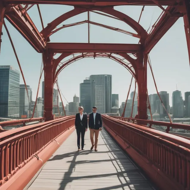 Business strategists planning near-term initiatives atop a time bridge, representing the balance between short-term gains and long-term sustainability.
