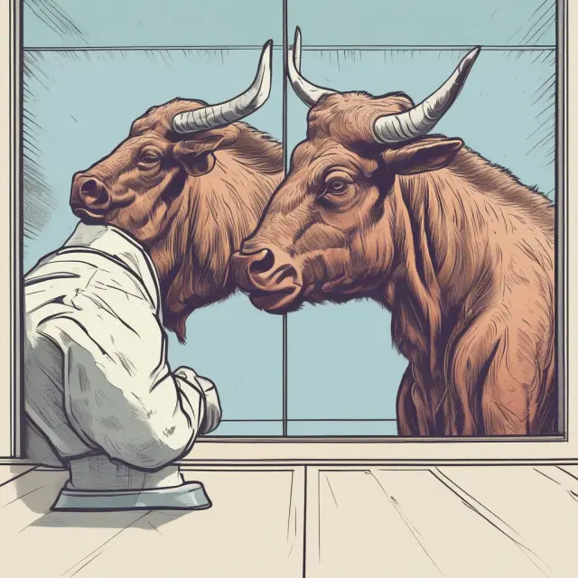 Bullish head and shoulders pattern: Bull turning away from two bearish shoulders. Signals price reversal.