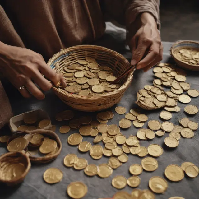 Person creating a golden basket with immediate obligations (gold coins) and silver coins representing future income needs