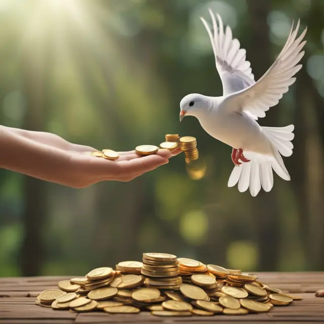 A tranquil dove with outstretched wings, releasing golden coins to illustrate the security and long-term benefits of whole life insurance.