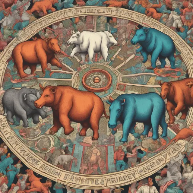 Bulls and bears dancing around a colorful kaleidoscope representing the Nominal Effective Exchange Rate (NEER), symbolizing currency valuation and international competitiveness.