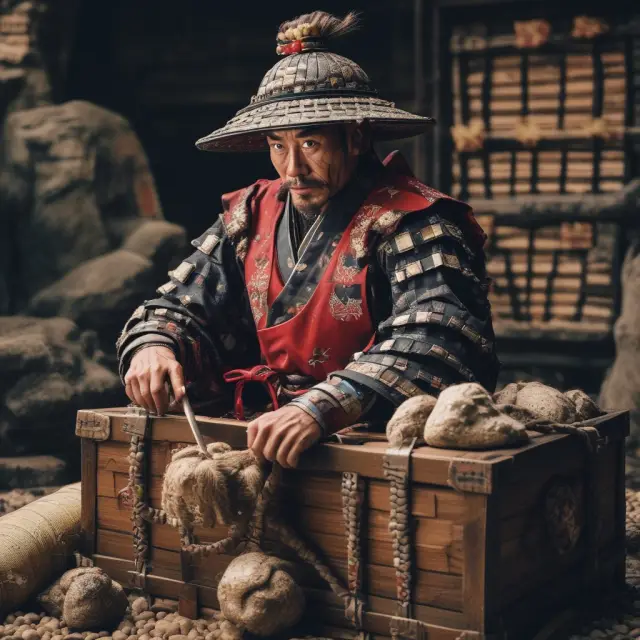 A samurai warrior shielding a negative-yielding Japanese Government Bond, symbolizing its value as a safe haven asset