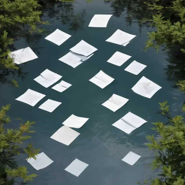 Floating negative confirmation letters on calm water symbolize accurate financial records with no ripples indicating objections or discrepancies.