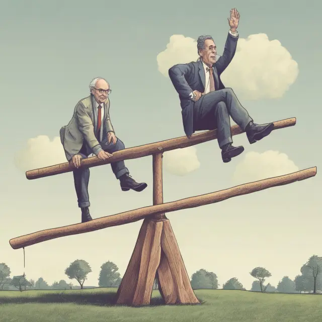 An investor standing on a seesaw, with one basket representing positively correlated assets and the other holding negatively correlated ones, maintaining balance during market fluctuations