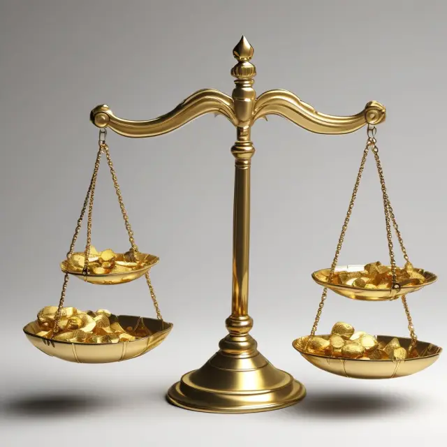 Image of golden scales in balance with a US dollar on one side and a gold nugget on the other, illustrating negative correlation.