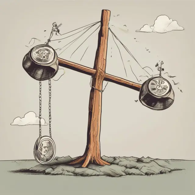Stocks and bonds on a seesaw, symbolizing their negative correlation: when one rises, the other falls.