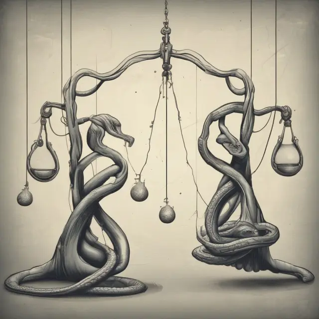 Assets and liabilities represented as snakes interacting with a swinging interest rate pendulum, illustrating net interest income change based on interest rates