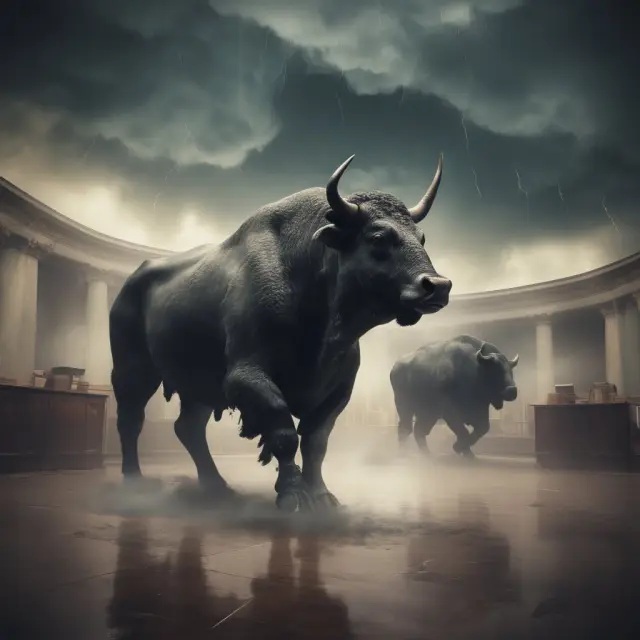 Storm cloud envelops a bull and bear at the stock exchange, illustrating investor uncertainty during negative economic growth
