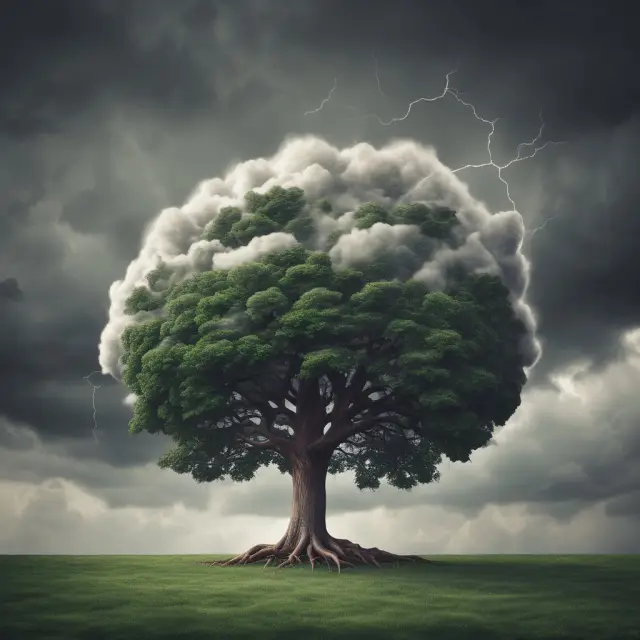 A storm cloud obscuring a once vibrant GDP tree, representing the economic implications of negative growth.