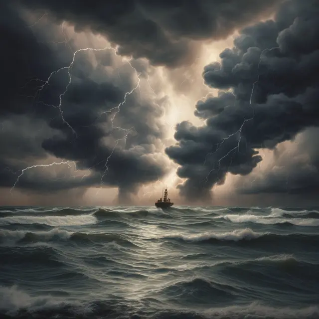 Stormy seas symbolizing economic contraction with declining demand as a sinking ship, supply shocks as storms, and government intervention as a lighthouse