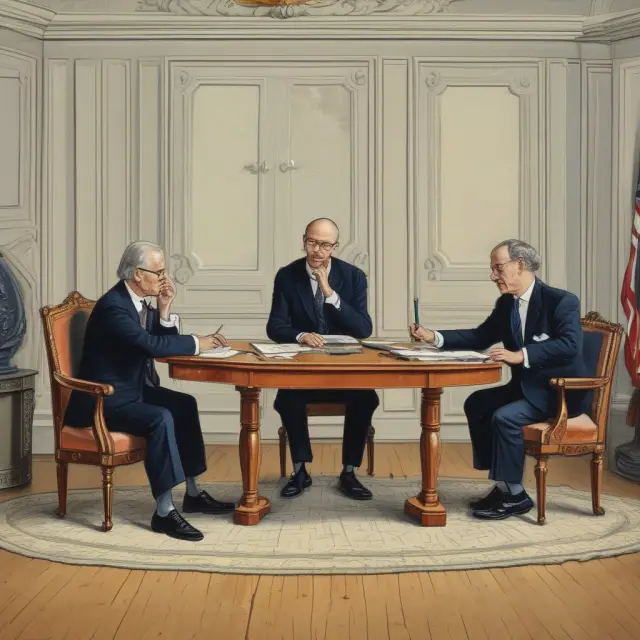 A figure of policymakers standing near a seesaw economy, adjusting fiscal and monetary levers to restore balance