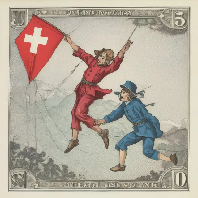 A Swiss franc kite soaring in the wind (representing currency appreciation), with the SNB pulling the strings to control its movement using the 
