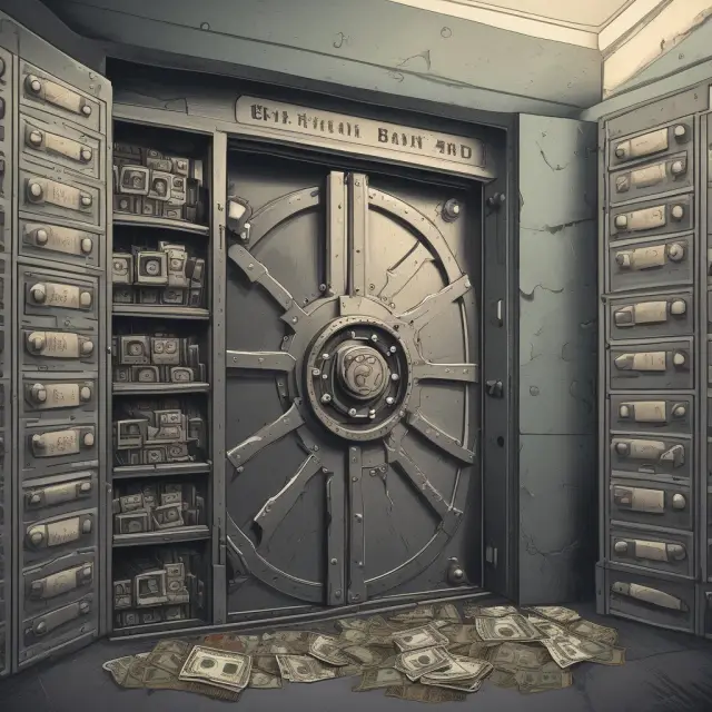 Central bank vault filled with negative interest rates, symbolizing the challenge to conventional savings and economic stimulus