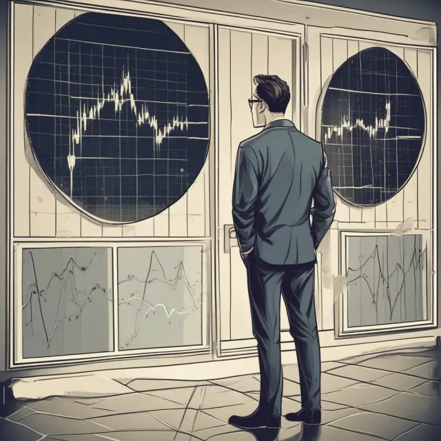A concerned investor looking at their reflection in the mirror transformed into falling stock market graphs, symbolizing negative returns