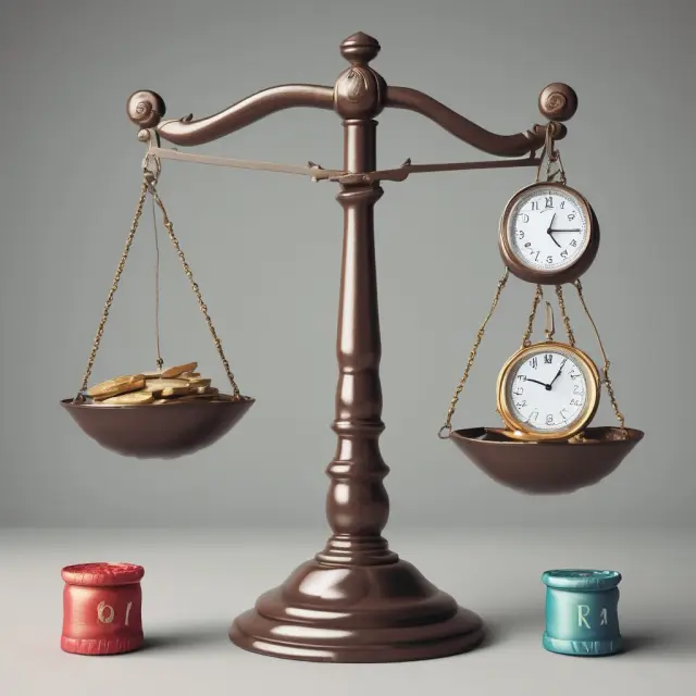 Scales with diverse assets counteract negative returns, while a clock represents the importance of periodic rebalancing