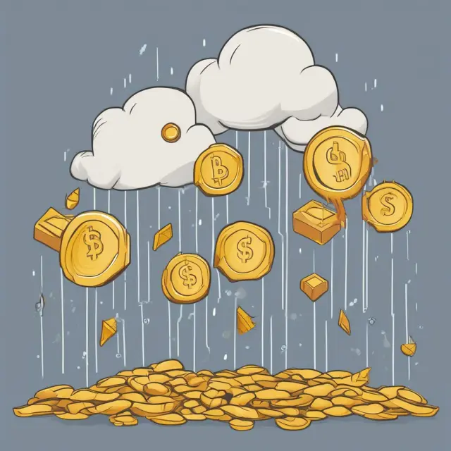 Pessimistic rain cloud pouring gold coins onto a falling share price graph, representing the impact of continuous negative returns