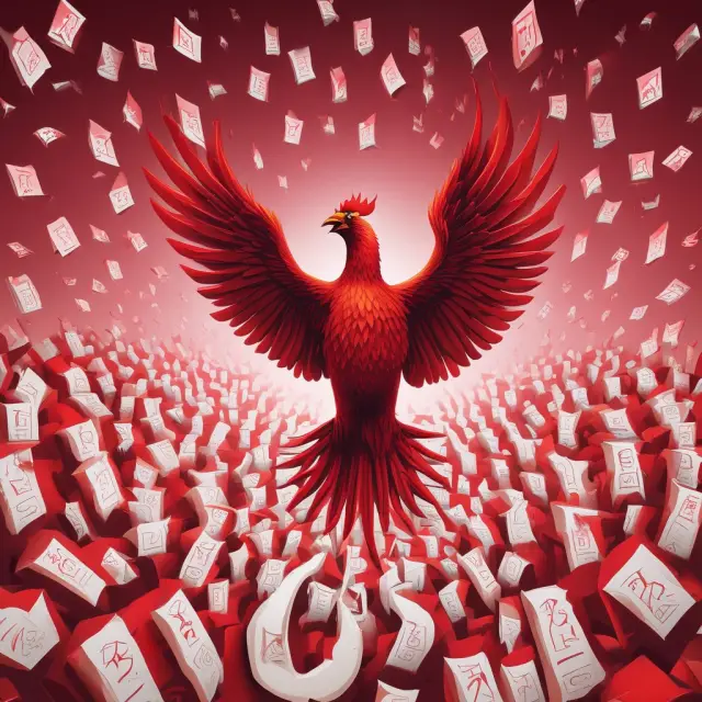 Phoenix bird emerging from a red sea of loss figures with tax-related labels