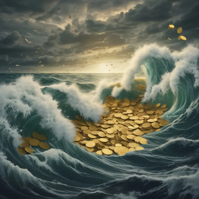 A turbulent stormy sea symbolizing negative returns, with golden coins submerged, representing lost investments
