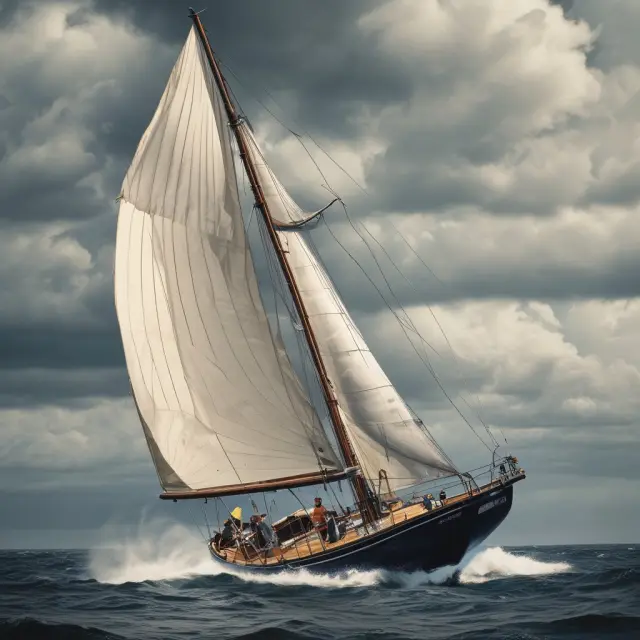 A sailboat tacking against market waves, adjusting sails for negative convexity risk management in finance.