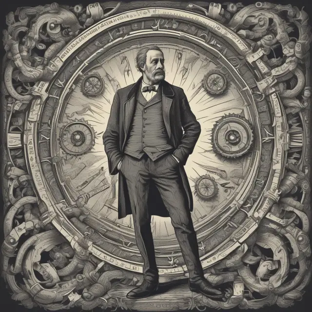 An elderly investor examines a compass in front of a complex network of interconnected gears, each representing assets and bearing question marks.