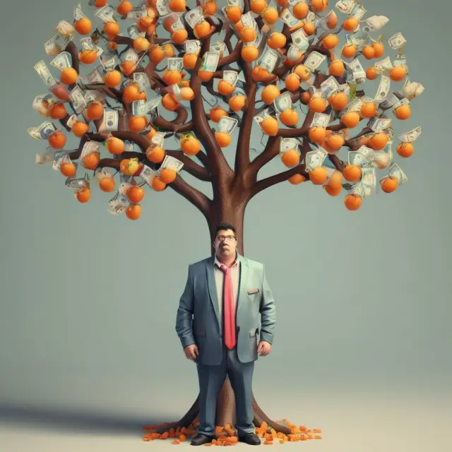 An investor stands proudly beside a fruitful money tree, symbolizing tax savings (money) and potential capital gains (fruits)