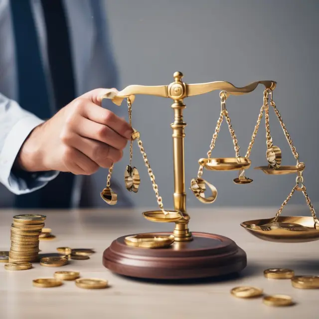 A mortgage broker, symbolizing negotiation, holds a golden scale with favorable mortgage terms on one side and gold coins for savings on the other
