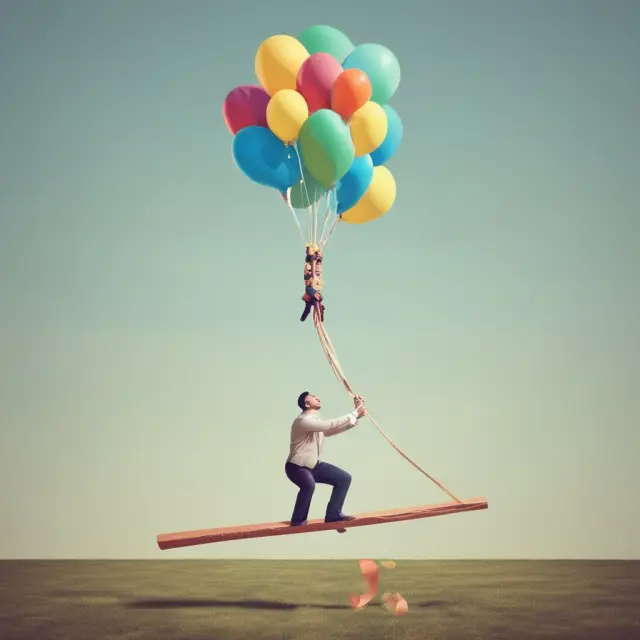 A person juggles balloons representing monthly mortgage payments on a seesaw balance of interest rates, illustrating potential payment shock and the long-term risks of negative amortization