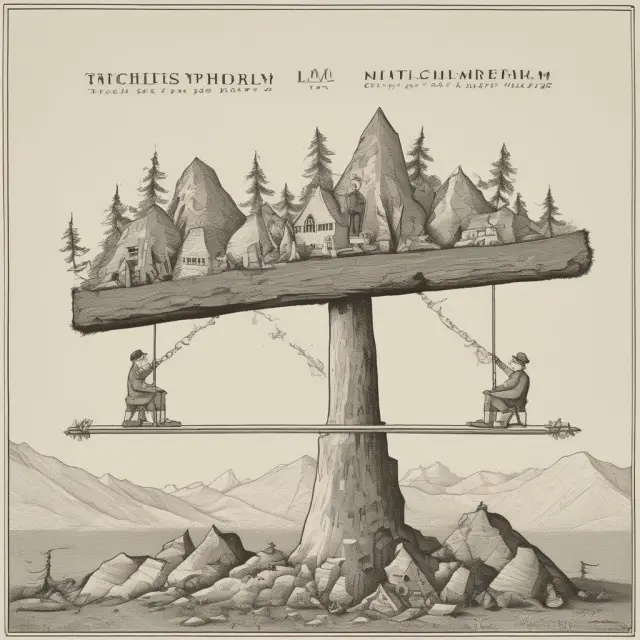 A see-saw balancing borrowers and lenders, each with mountains of debt; one labeled 