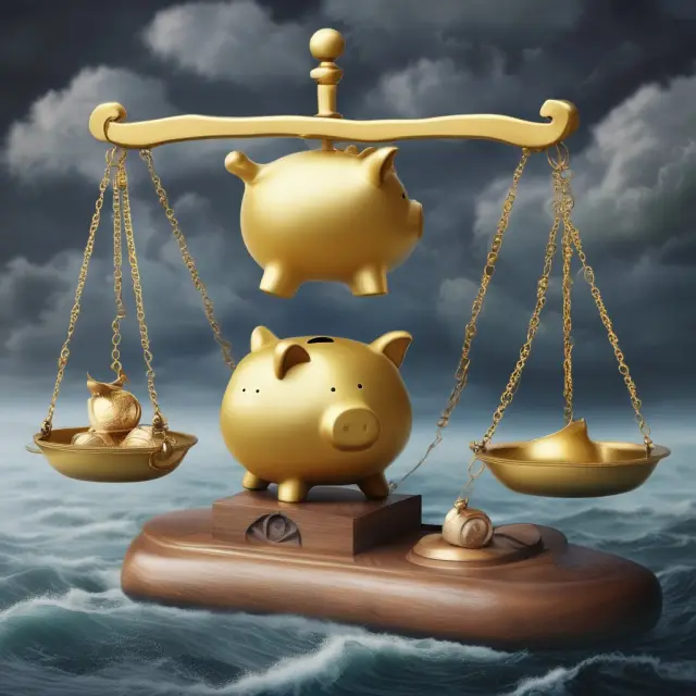 Golden piggy bank on a balance scale versus stormy sea of interest rates - managing risk with financial cushion.