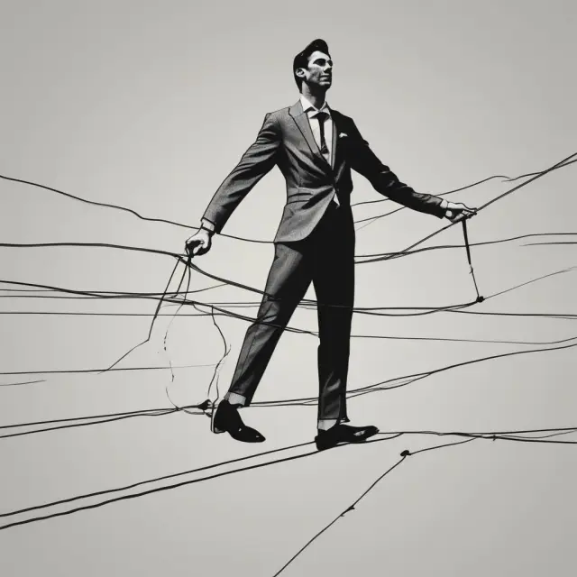 A person walking on a tightrope over a sea of financial charts, holding a balance sheet showing negative numbers - Negative Carry Risks