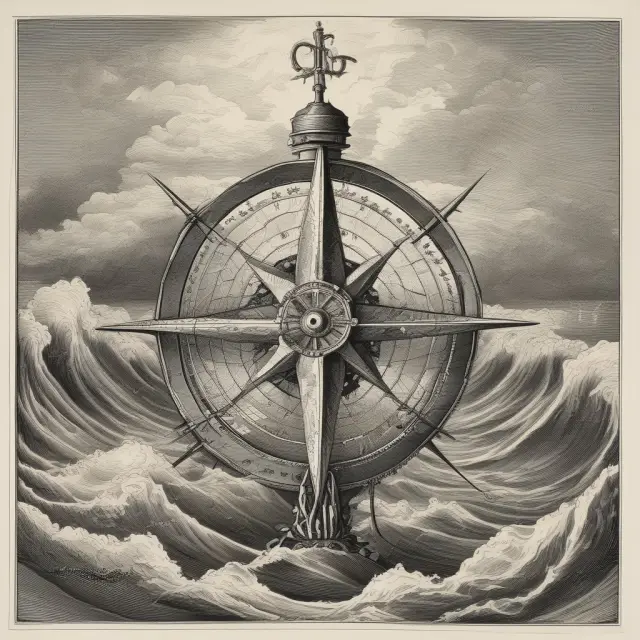 An image of a compass in rough waters with the red needle pointing downwards, symbolizing the Negative Directional Indicator (-DI) guiding through market downtrends.