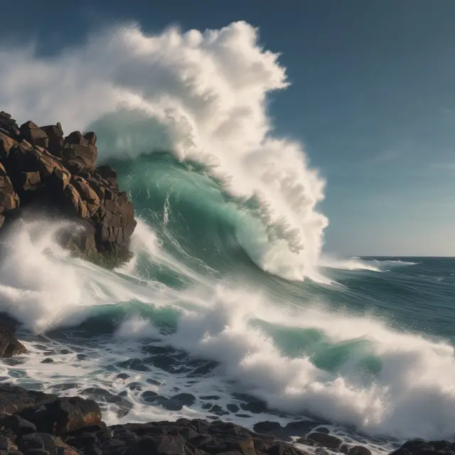 A turbulent sea representing stock market instability, with -DI lines crashing against a rocky DI shore, symbolizing the challenges of interpreting Whipsaws in technical analysis.