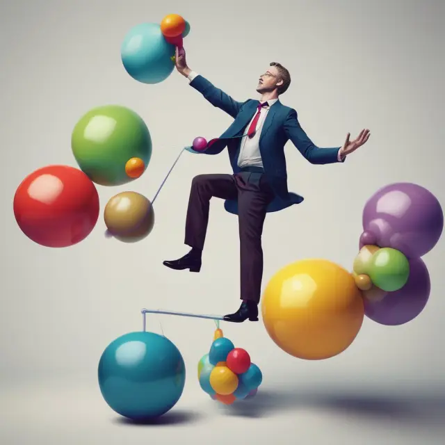 A juggler skillfully balances DI indicator balls representing upward and downward price movements, with one set potentially falling to indicate a potential downtrend.