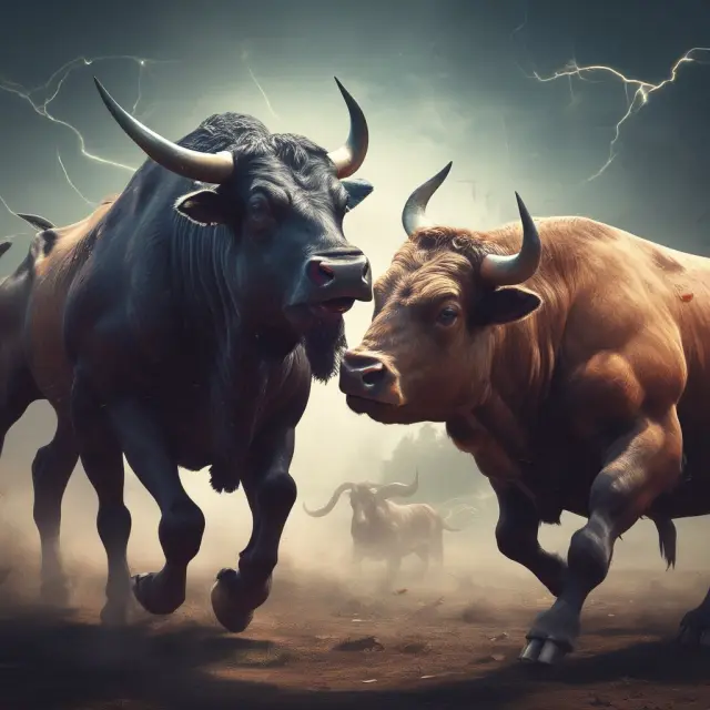 Two bulls symbolizing DI (Negative and Positive) clash, with an ADX line acting as a referee to determine the stronger trend