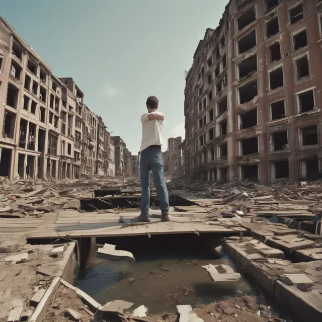 Homeowner surrounded by housing market rubble with a mortgage value greater than property worth in the 2007-2008 financial crisis