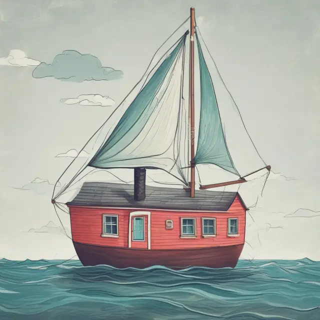 A homeowner steering a boat through rough seas as they navigate the challenges of negative equity using strategies such as refinancing and selling their property