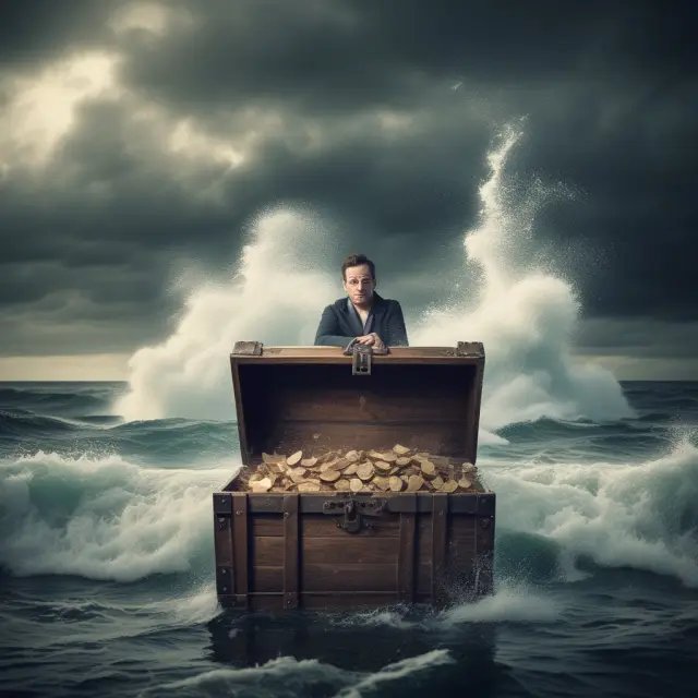 Bargain buyer with negative goodwill treasure chest amidst stormy waves, representing rare distressed asset acquisitions