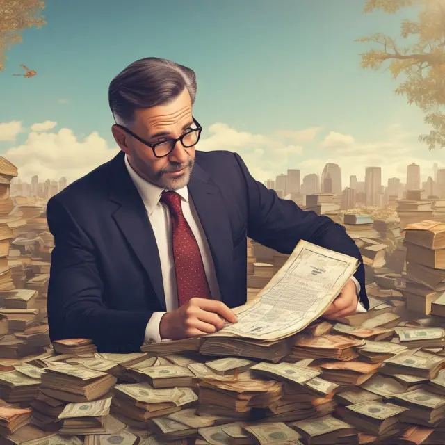 An accountant joyfully discovering valuable intangible assets beneath the surface, representing negative goodwill
