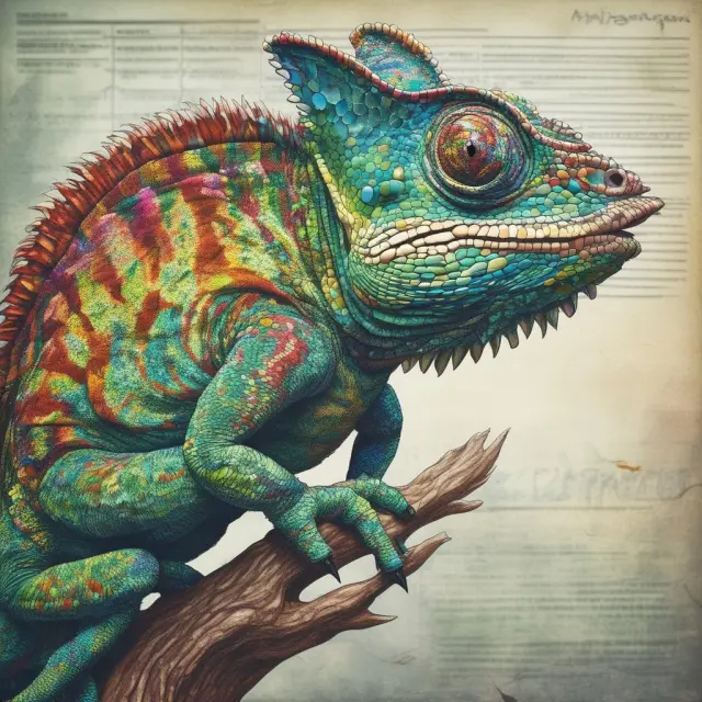 A chameleon transforms through financial documents, illustrating the implications of negative goodwill, which can appear deceptive but hold potential value