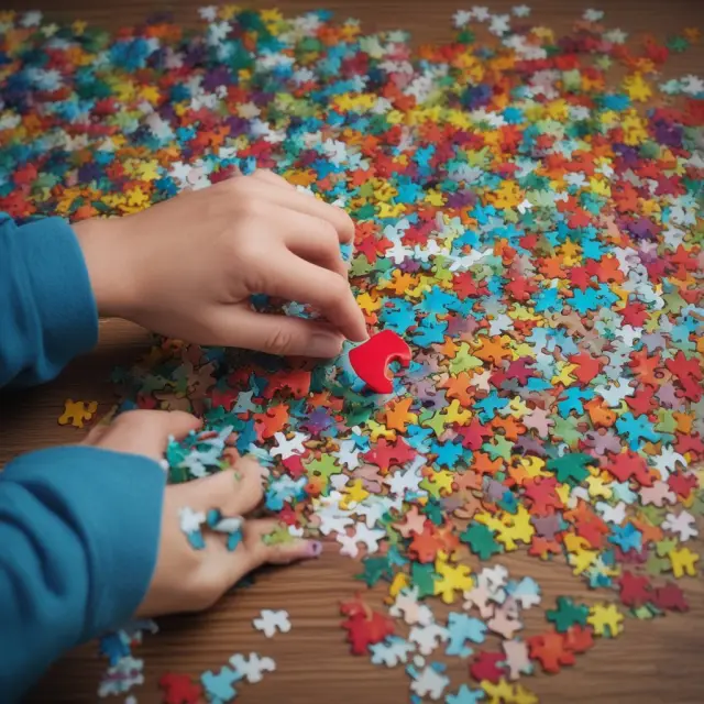 A buyer holding a jigsaw puzzle representing the negative goodwill transaction, with pieces symbolizing tangible assets, intangibles, tax credits, and the bargain purchase price box