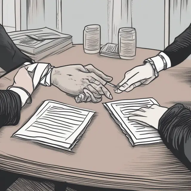 A negotiation scene of two hands in a deal: one signs a bond contract with negative pledge clause, while the other is handcuffed, symbolizing the borrower