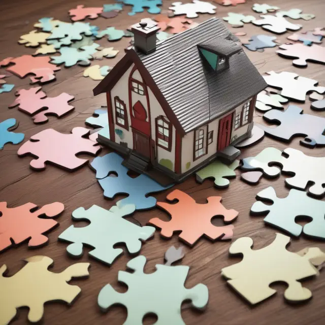 A negotiating table displays a mortgage contract and a house represented as puzzle pieces. The borrower and mortgage lender exchange agreements, maintaining a balance of power.