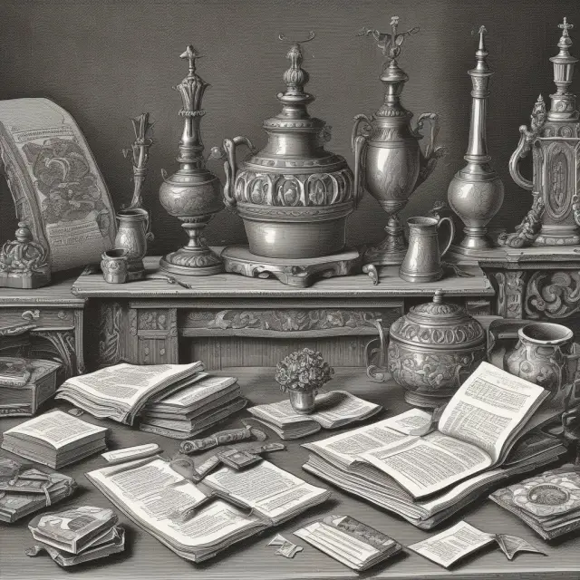 Institutional investors managing a grand wooden table filled with various negotiable instruments, including checks, CDs, bonds, and promissory notes