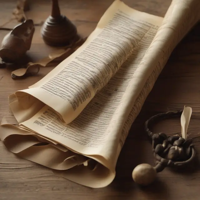 An ancient scroll opening to reveal key elements of negotiable instruments: unconditional promise, timing instructions, transferability, and marketability