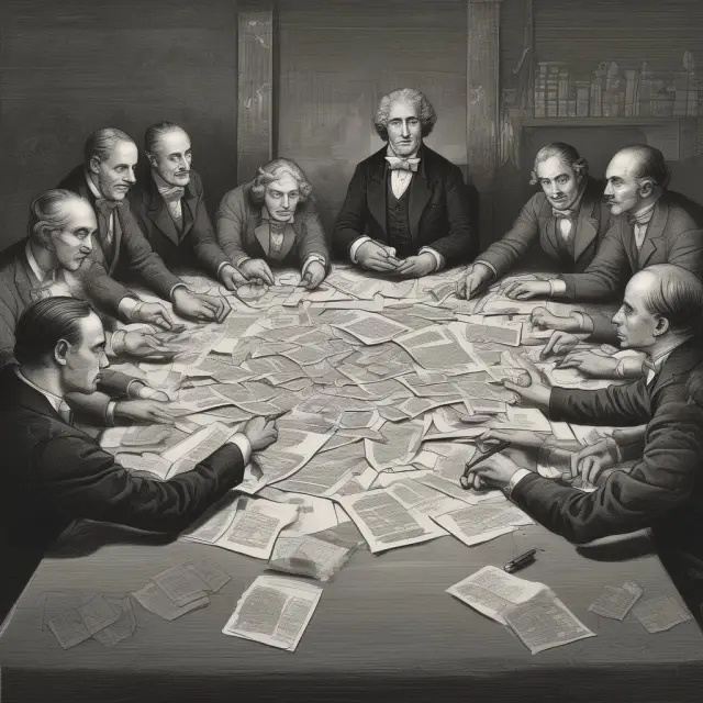 A large, ornate table with people negotiating over checks, promissory notes, bills of exchange, and time drafts